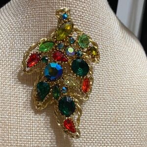 Gold Leaf Multicolor Crystal Brooch